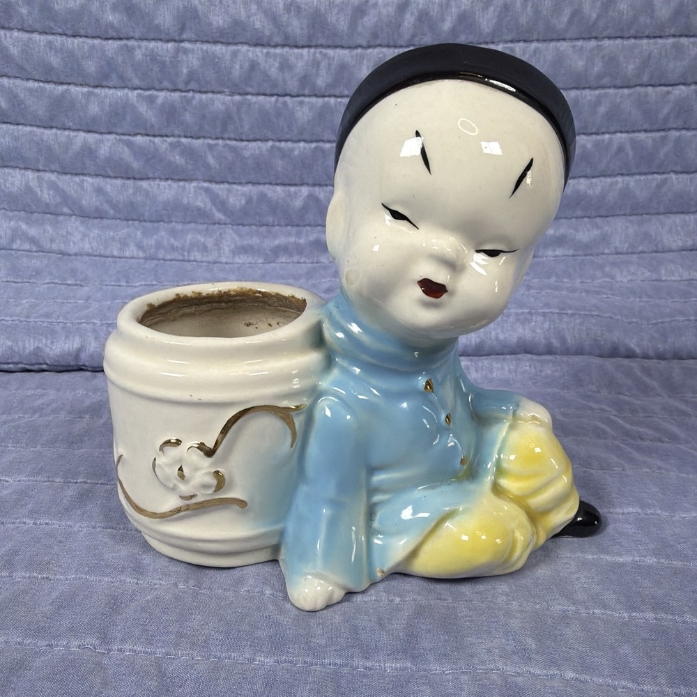 Vintage Joan Lea Creations Planter Oriental Boy Figurine 22K Gold Hand Painted